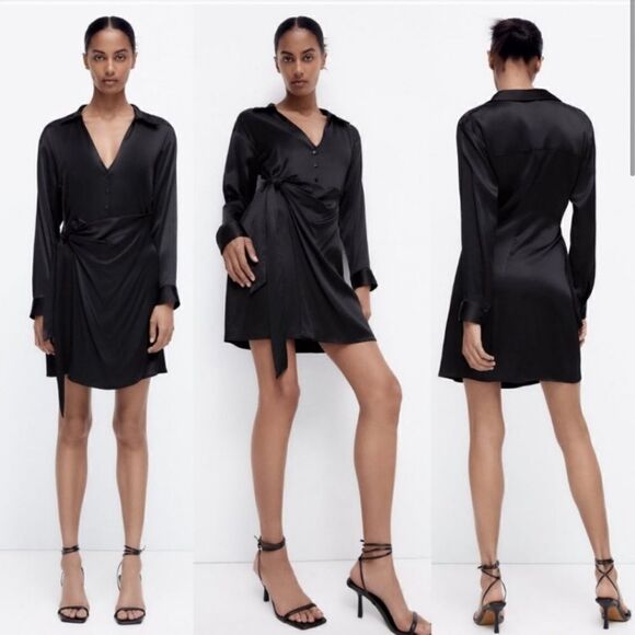 Zara Dresses & Skirts - Zara  Black Satin Effect Wrap Mini Dress